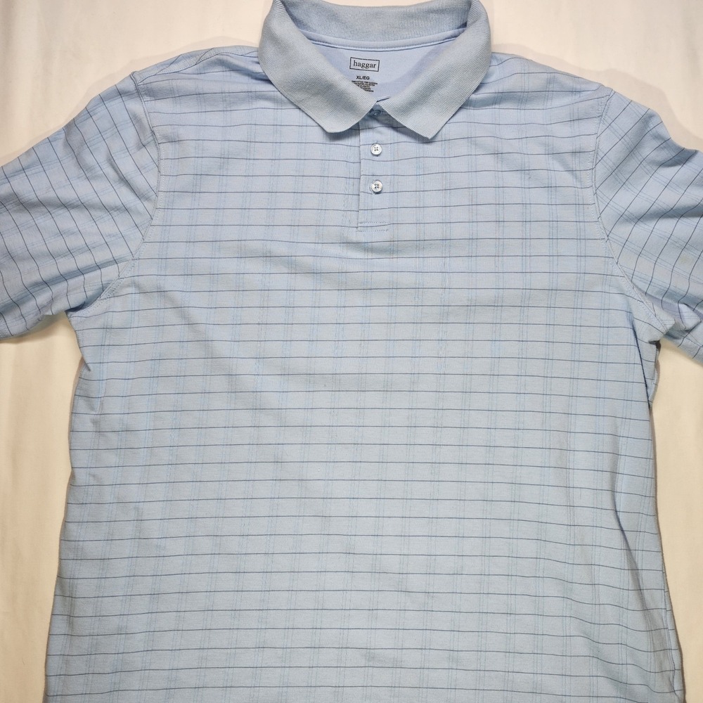 Haggar Men's XL Polo Shirt Blue Check Short Sleeve Pima Cotton Blend Casual Golf